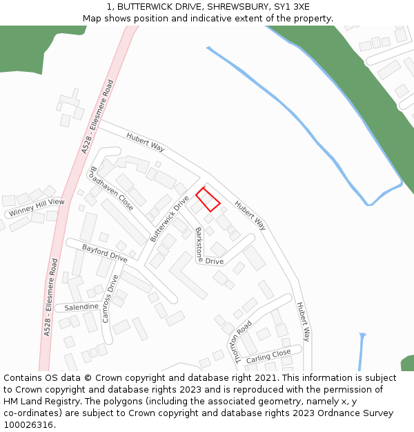 1, BUTTERWICK DRIVE, SHREWSBURY, SY1 3XE: Location map and indicative extent of plot