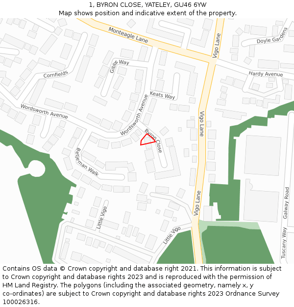 1, BYRON CLOSE, YATELEY, GU46 6YW: Location map and indicative extent of plot