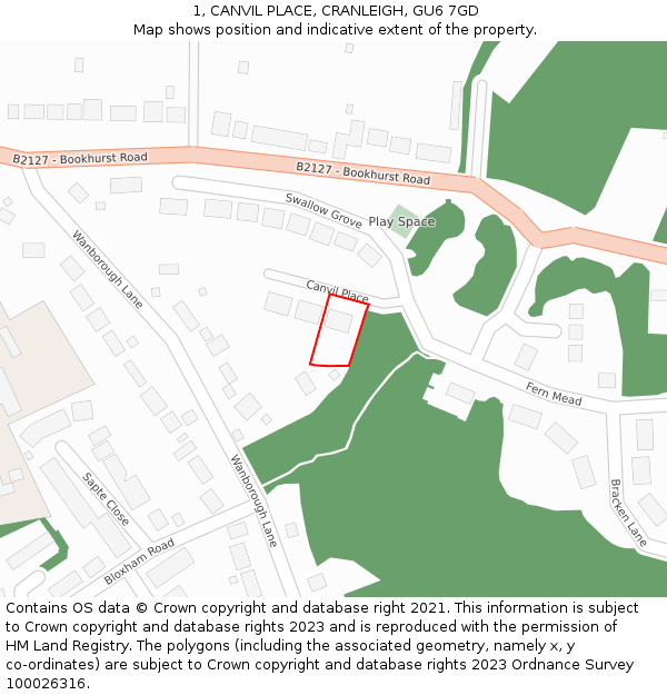 1, CANVIL PLACE, CRANLEIGH, GU6 7GD: Location map and indicative extent of plot