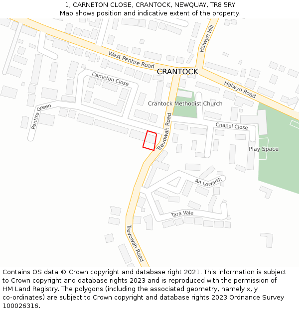 1, CARNETON CLOSE, CRANTOCK, NEWQUAY, TR8 5RY: Location map and indicative extent of plot