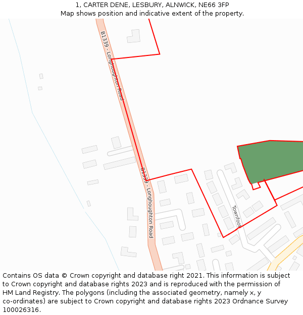 1, CARTER DENE, LESBURY, ALNWICK, NE66 3FP: Location map and indicative extent of plot