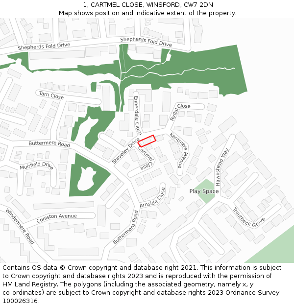 1, CARTMEL CLOSE, WINSFORD, CW7 2DN: Location map and indicative extent of plot