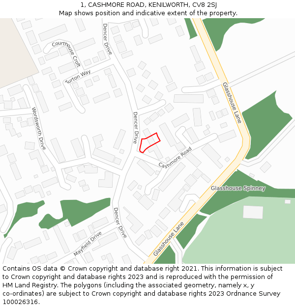 1, CASHMORE ROAD, KENILWORTH, CV8 2SJ: Location map and indicative extent of plot