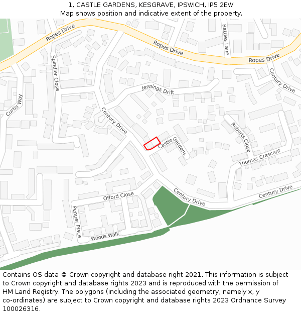 1, CASTLE GARDENS, KESGRAVE, IPSWICH, IP5 2EW: Location map and indicative extent of plot