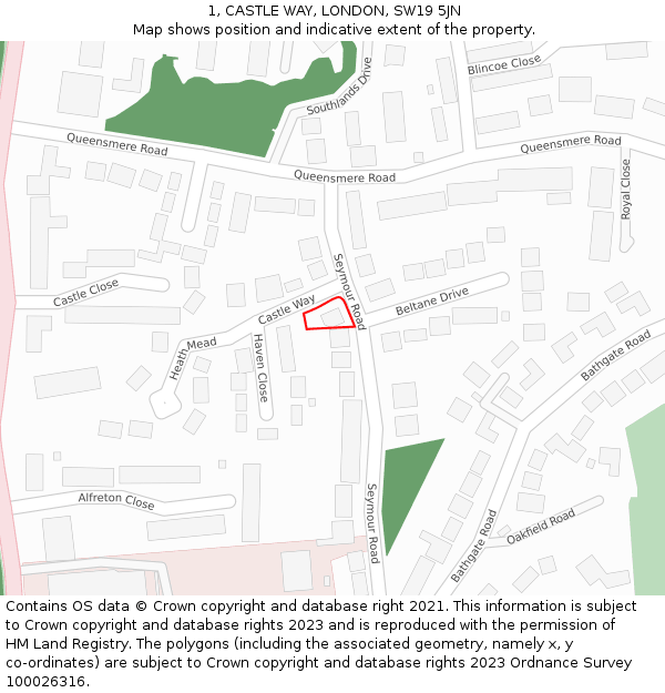 1, CASTLE WAY, LONDON, SW19 5JN: Location map and indicative extent of plot