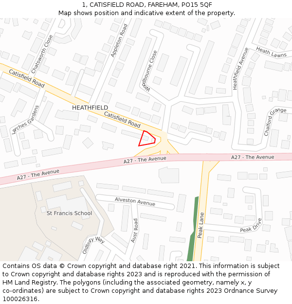 1, CATISFIELD ROAD, FAREHAM, PO15 5QF: Location map and indicative extent of plot