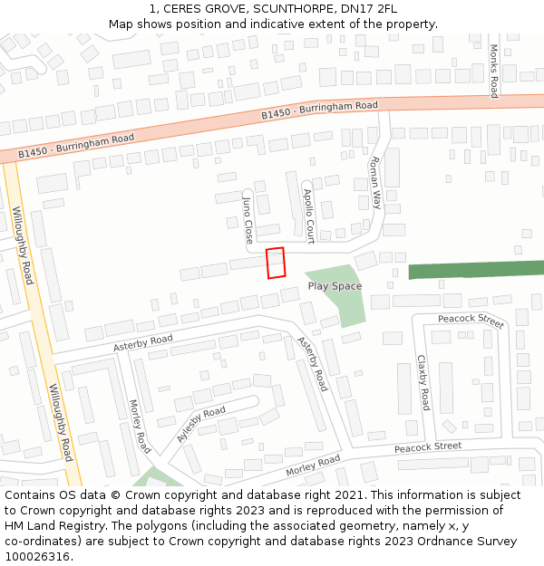 1, CERES GROVE, SCUNTHORPE, DN17 2FL: Location map and indicative extent of plot