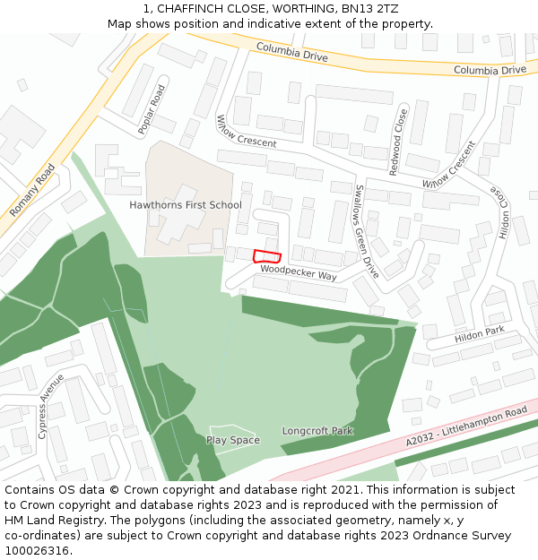 1, CHAFFINCH CLOSE, WORTHING, BN13 2TZ: Location map and indicative extent of plot