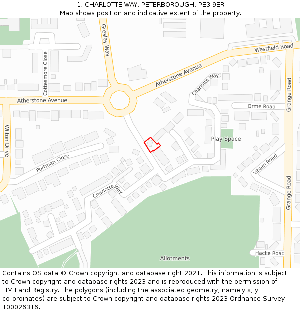 1, CHARLOTTE WAY, PETERBOROUGH, PE3 9ER: Location map and indicative extent of plot