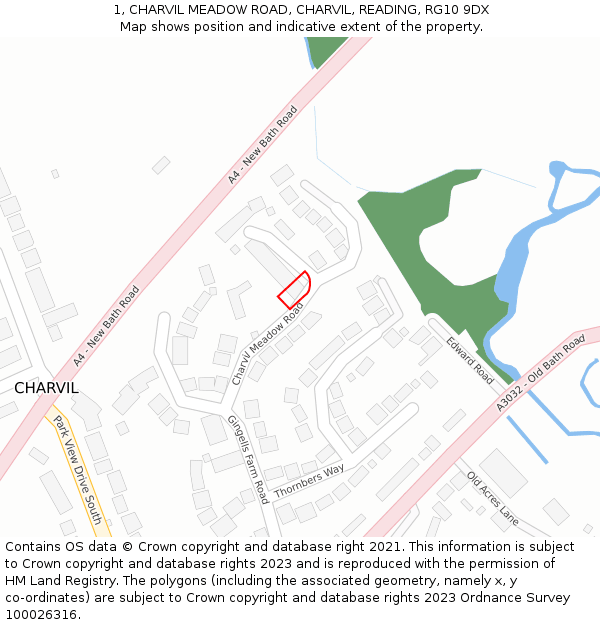1, CHARVIL MEADOW ROAD, CHARVIL, READING, RG10 9DX: Location map and indicative extent of plot