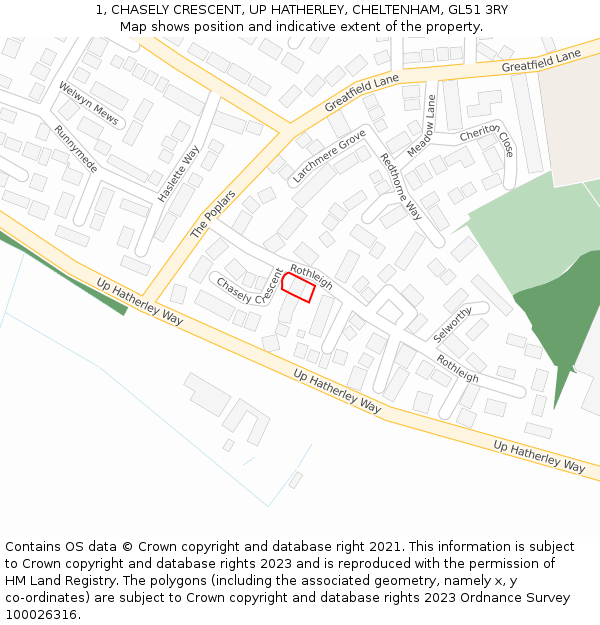 1, CHASELY CRESCENT, UP HATHERLEY, CHELTENHAM, GL51 3RY: Location map and indicative extent of plot
