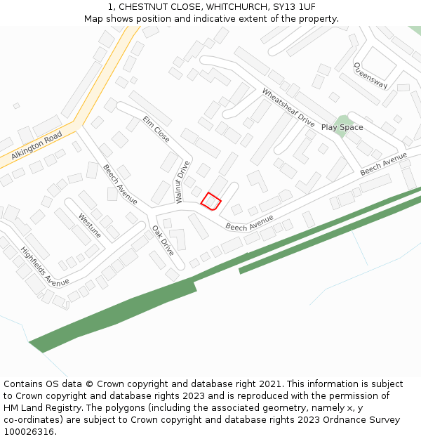 1, CHESTNUT CLOSE, WHITCHURCH, SY13 1UF: Location map and indicative extent of plot