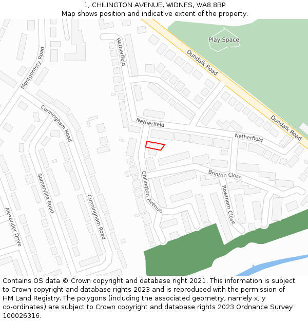 1, CHILINGTON AVENUE, WIDNES, WA8 8BP: Location map and indicative extent of plot