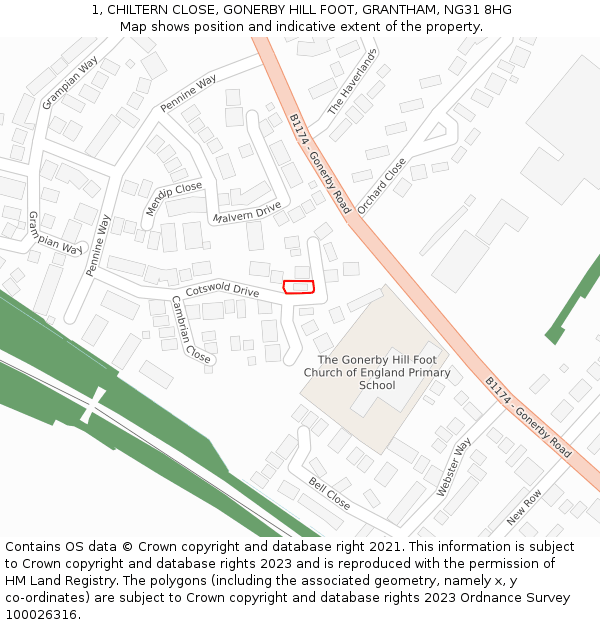 1, CHILTERN CLOSE, GONERBY HILL FOOT, GRANTHAM, NG31 8HG: Location map and indicative extent of plot