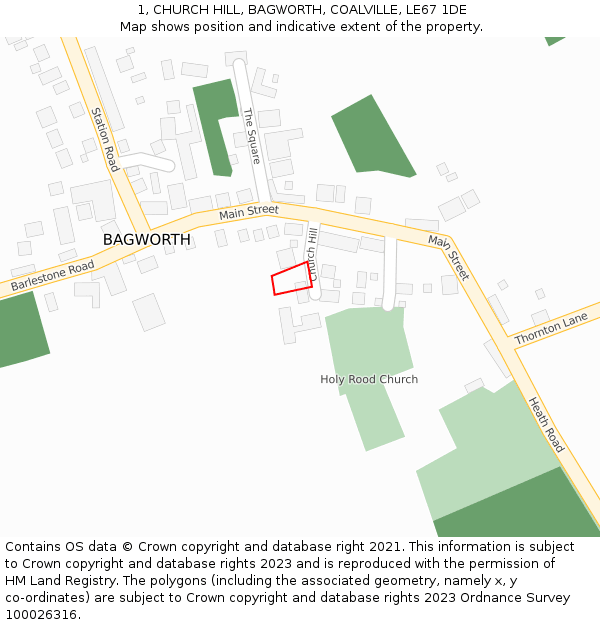 1, CHURCH HILL, BAGWORTH, COALVILLE, LE67 1DE: Location map and indicative extent of plot