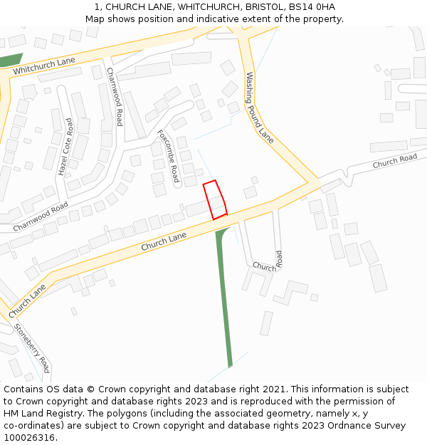 1, CHURCH LANE, WHITCHURCH, BRISTOL, BS14 0HA: Location map and indicative extent of plot