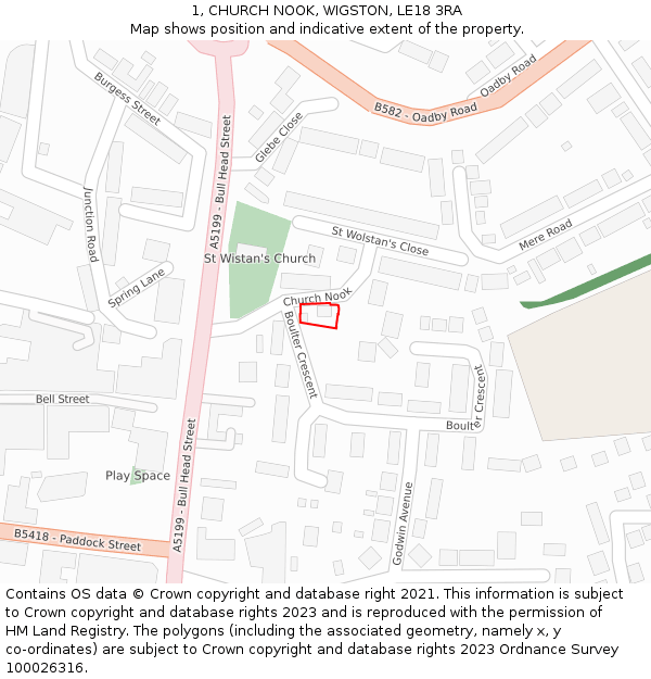 1, CHURCH NOOK, WIGSTON, LE18 3RA: Location map and indicative extent of plot
