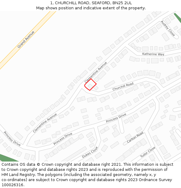 1, CHURCHILL ROAD, SEAFORD, BN25 2UL: Location map and indicative extent of plot