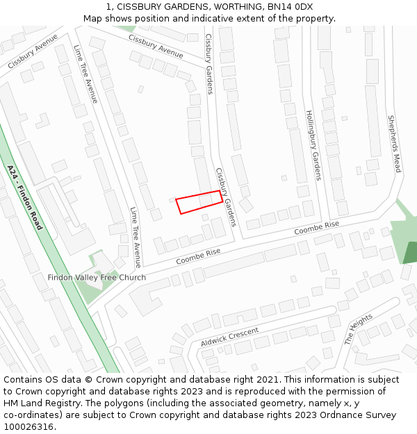 1, CISSBURY GARDENS, WORTHING, BN14 0DX: Location map and indicative extent of plot