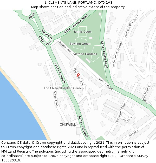 1, CLEMENTS LANE, PORTLAND, DT5 1AS: Location map and indicative extent of plot