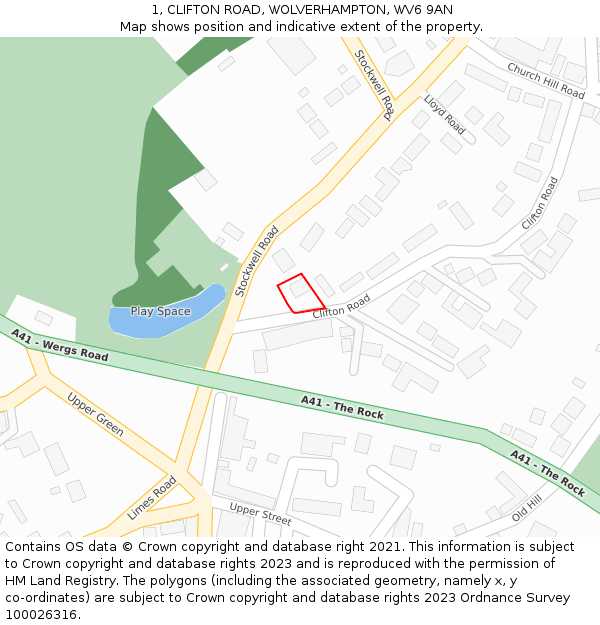 1, CLIFTON ROAD, WOLVERHAMPTON, WV6 9AN: Location map and indicative extent of plot