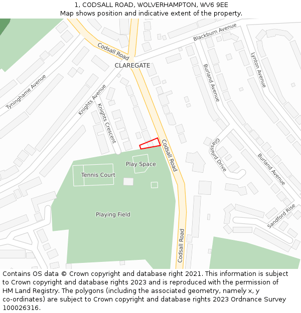 1, CODSALL ROAD, WOLVERHAMPTON, WV6 9EE: Location map and indicative extent of plot