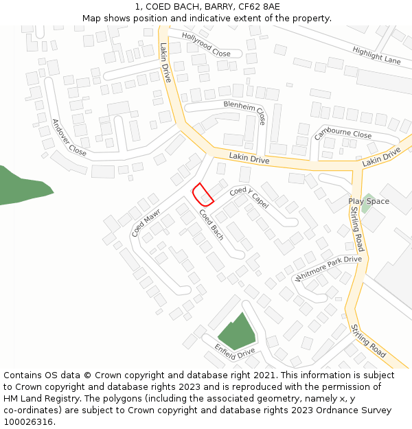 1, COED BACH, BARRY, CF62 8AE: Location map and indicative extent of plot