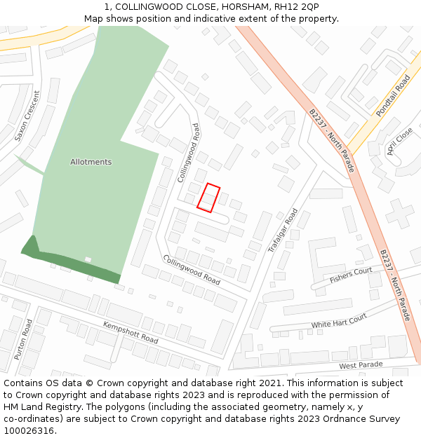 1, COLLINGWOOD CLOSE, HORSHAM, RH12 2QP: Location map and indicative extent of plot