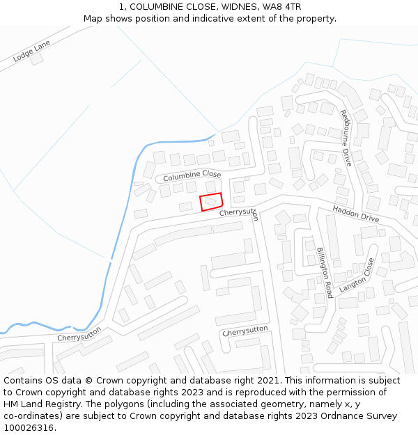 1, COLUMBINE CLOSE, WIDNES, WA8 4TR: Location map and indicative extent of plot