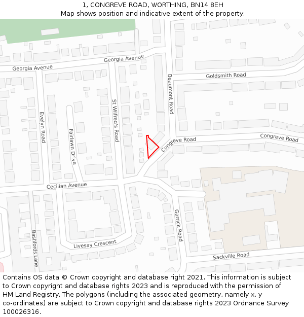 1, CONGREVE ROAD, WORTHING, BN14 8EH: Location map and indicative extent of plot