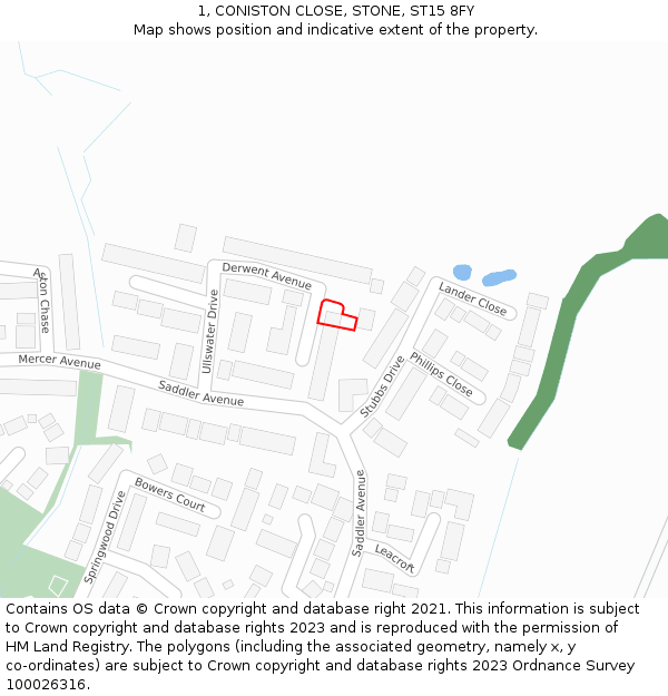 1, CONISTON CLOSE, STONE, ST15 8FY: Location map and indicative extent of plot