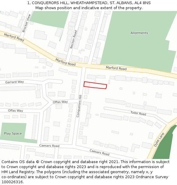 1, CONQUERORS HILL, WHEATHAMPSTEAD, ST ALBANS, AL4 8NS: Location map and indicative extent of plot