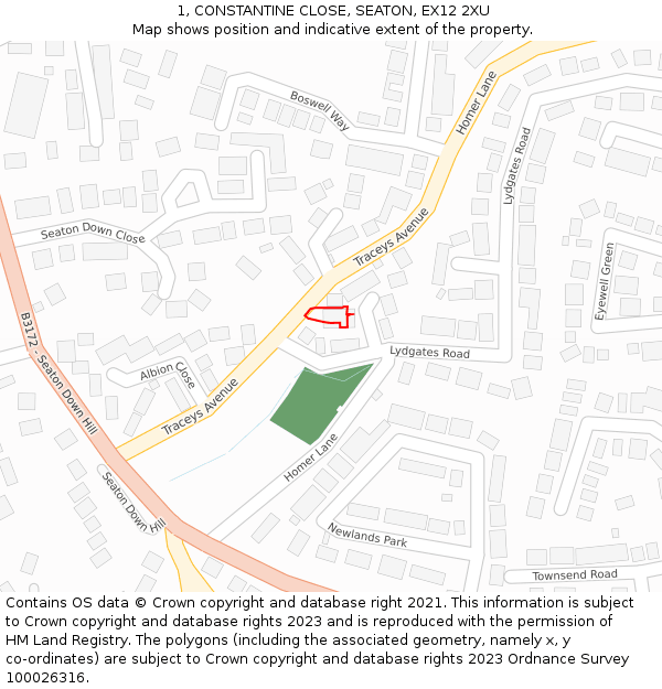 1, CONSTANTINE CLOSE, SEATON, EX12 2XU: Location map and indicative extent of plot