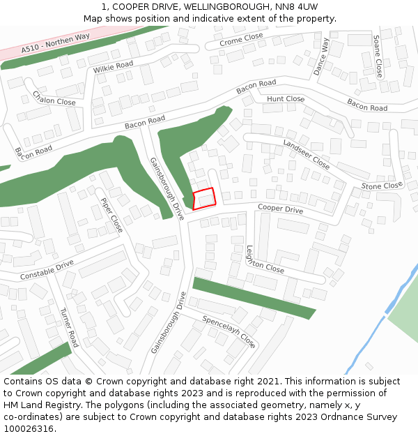 1, COOPER DRIVE, WELLINGBOROUGH, NN8 4UW: Location map and indicative extent of plot