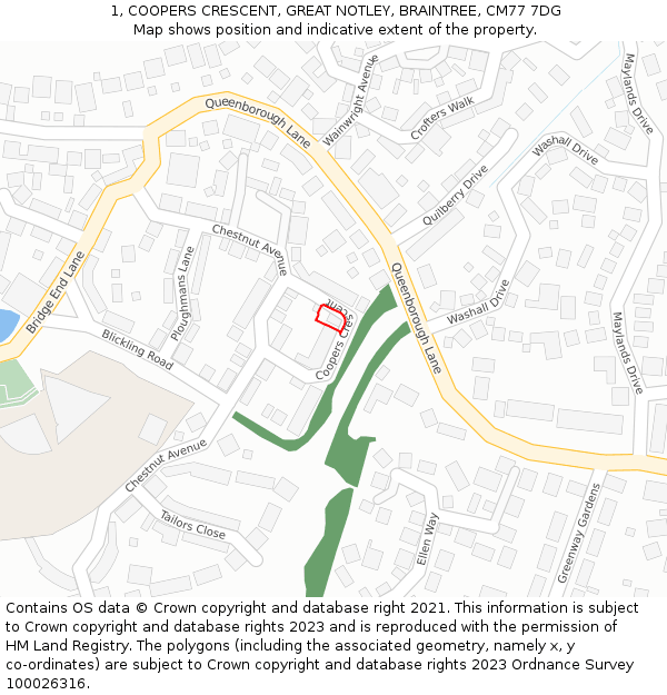 1, COOPERS CRESCENT, GREAT NOTLEY, BRAINTREE, CM77 7DG: Location map and indicative extent of plot