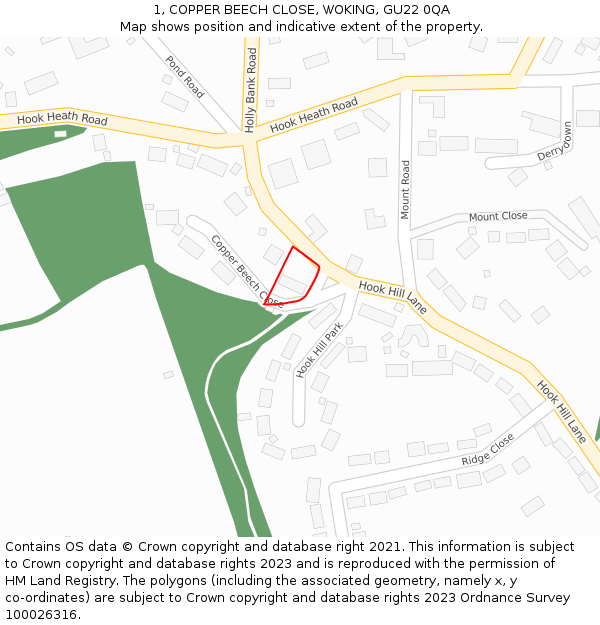 1, COPPER BEECH CLOSE, WOKING, GU22 0QA: Location map and indicative extent of plot