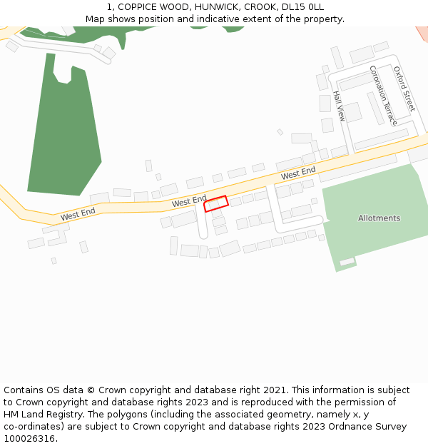 1, COPPICE WOOD, HUNWICK, CROOK, DL15 0LL: Location map and indicative extent of plot