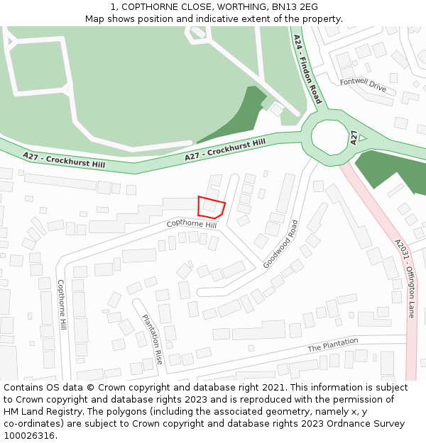 1, COPTHORNE CLOSE, WORTHING, BN13 2EG: Location map and indicative extent of plot