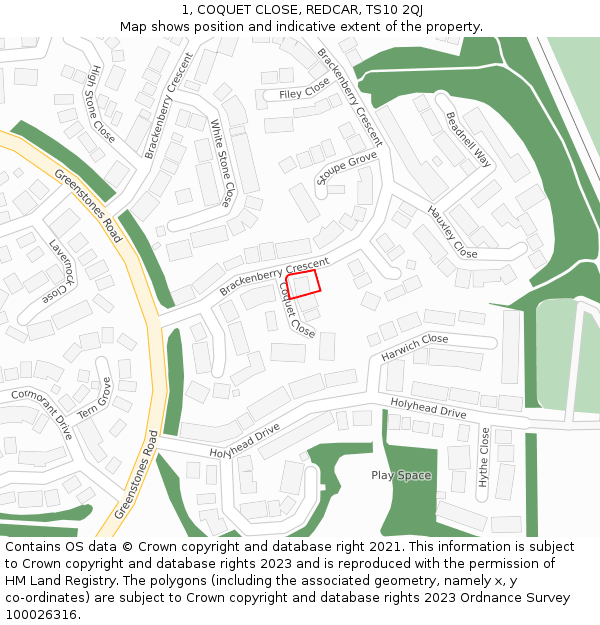 1, COQUET CLOSE, REDCAR, TS10 2QJ: Location map and indicative extent of plot