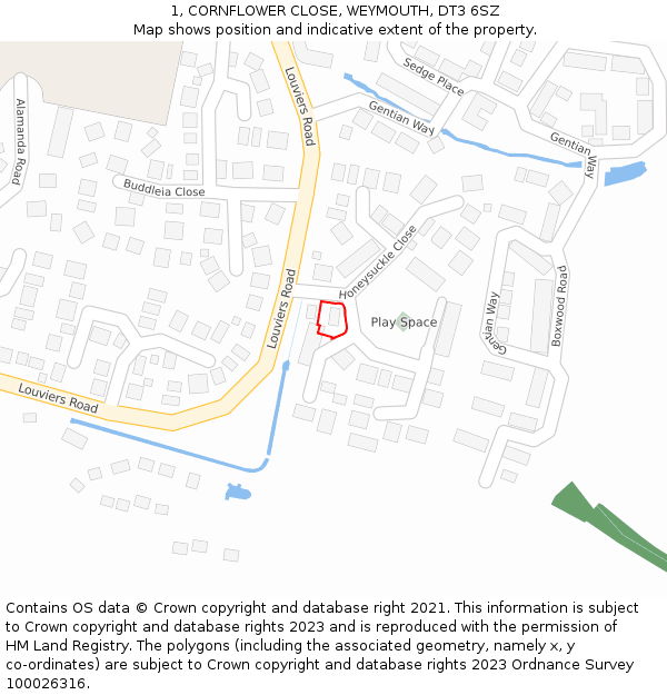 1, CORNFLOWER CLOSE, WEYMOUTH, DT3 6SZ: Location map and indicative extent of plot