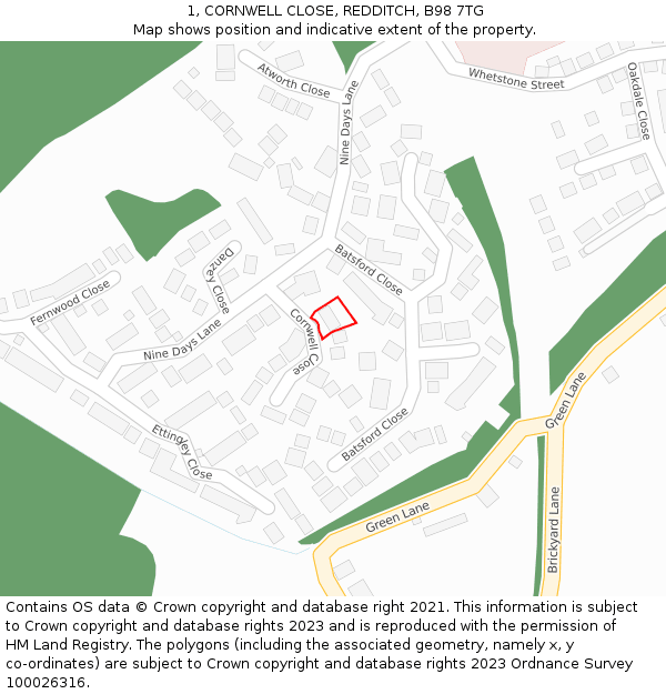 1, CORNWELL CLOSE, REDDITCH, B98 7TG: Location map and indicative extent of plot