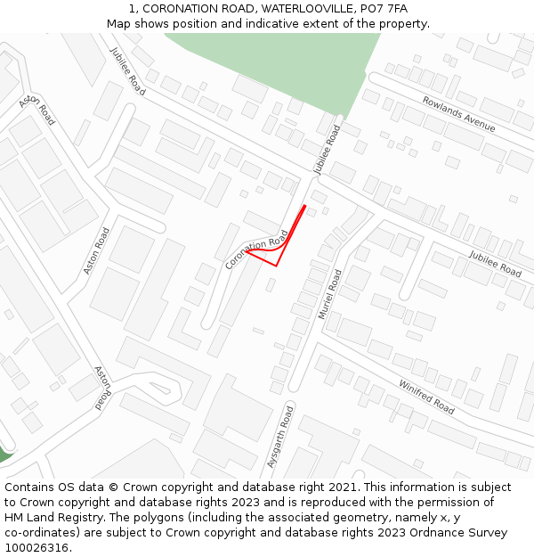 1, CORONATION ROAD, WATERLOOVILLE, PO7 7FA: Location map and indicative extent of plot