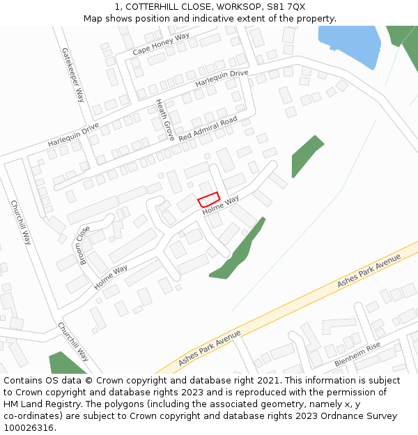 1, COTTERHILL CLOSE, WORKSOP, S81 7QX: Location map and indicative extent of plot