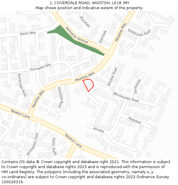 1, COVERDALE ROAD, WIGSTON, LE18 3RY: Location map and indicative extent of plot