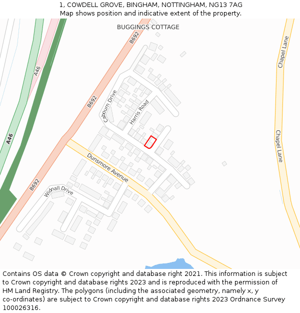 1, COWDELL GROVE, BINGHAM, NOTTINGHAM, NG13 7AG: Location map and indicative extent of plot