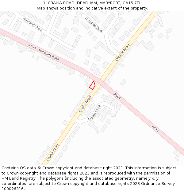 1, CRAIKA ROAD, DEARHAM, MARYPORT, CA15 7EH: Location map and indicative extent of plot