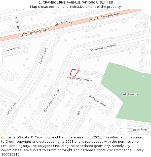 1, CRANBOURNE AVENUE, WINDSOR, SL4 4ES: Location map and indicative extent of plot