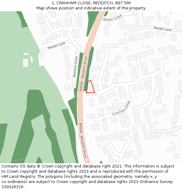 1, CRANHAM CLOSE, REDDITCH, B97 5AY: Location map and indicative extent of plot