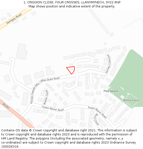 1, CRIGGION CLOSE, FOUR CROSSES, LLANYMYNECH, SY22 6NP: Location map and indicative extent of plot