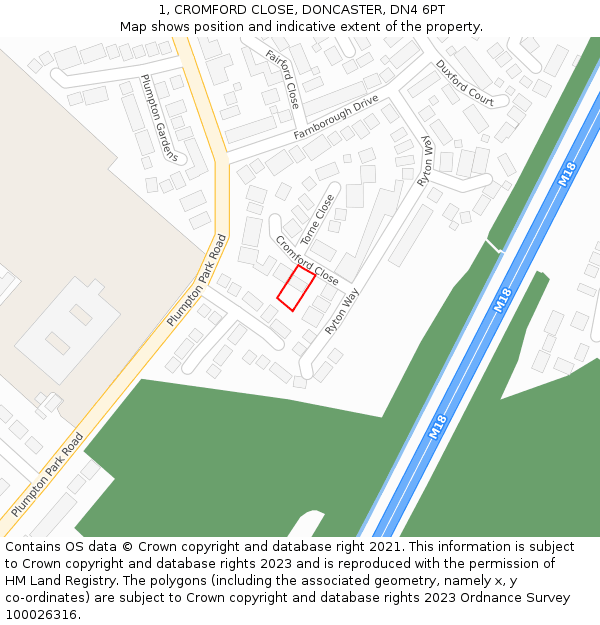 1, CROMFORD CLOSE, DONCASTER, DN4 6PT: Location map and indicative extent of plot